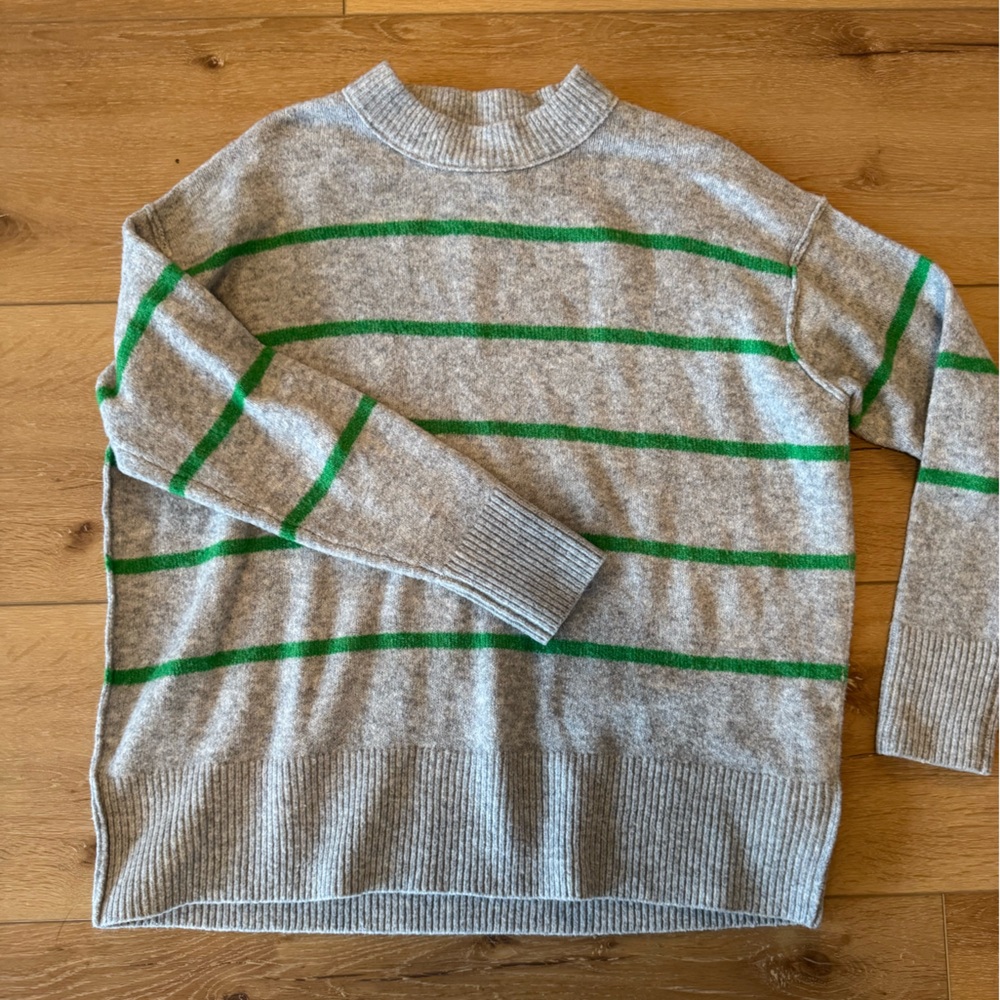 Aerie Gray and Green Striped Crew Neck Sweater